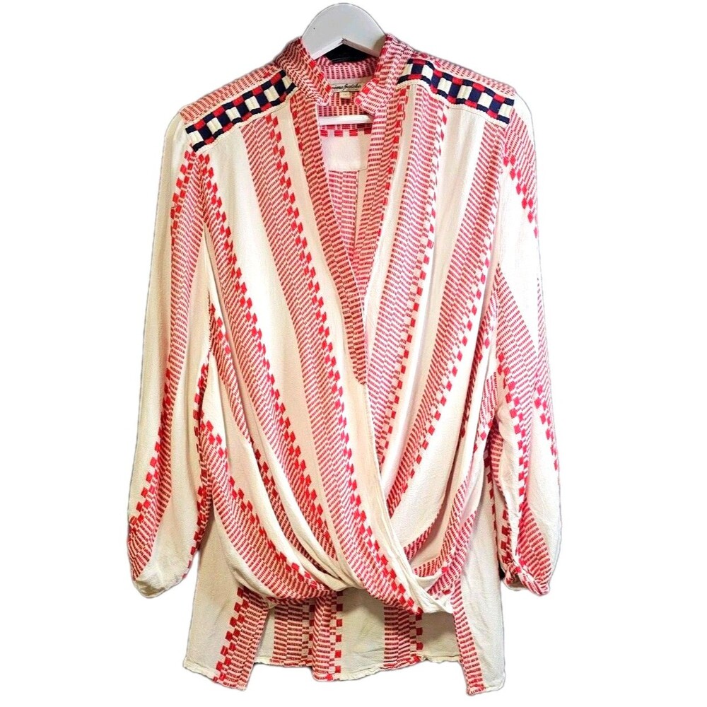 Creme Fraiche Embroidered Surplice Blouse Medium Red Ivory Boho Resort Tunic